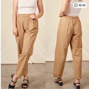 BIG BUD PRESS Trousers Camel Tan Wide Leg Pleated Elastic Waist Cotton Medium